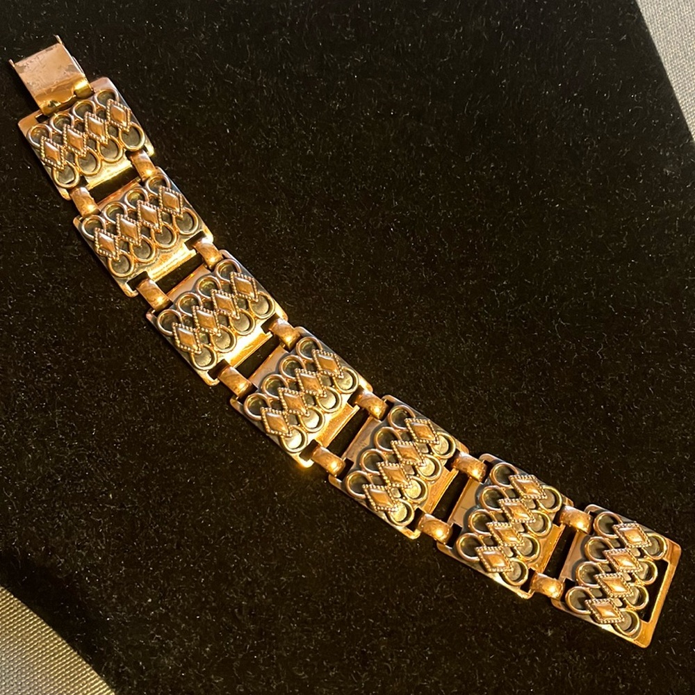 Vintage Midcentury Modern Bracelet - Copper Link Harlequin Design - 7-3/4”x 7/8”